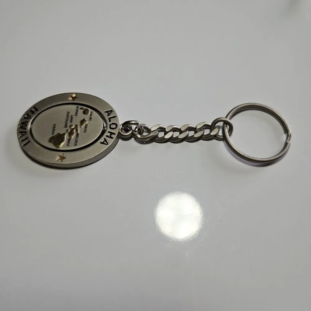 Aloha Hawaii Silver Gold Tone Spinner Souvenir Keychain Key Ring Map of Islands